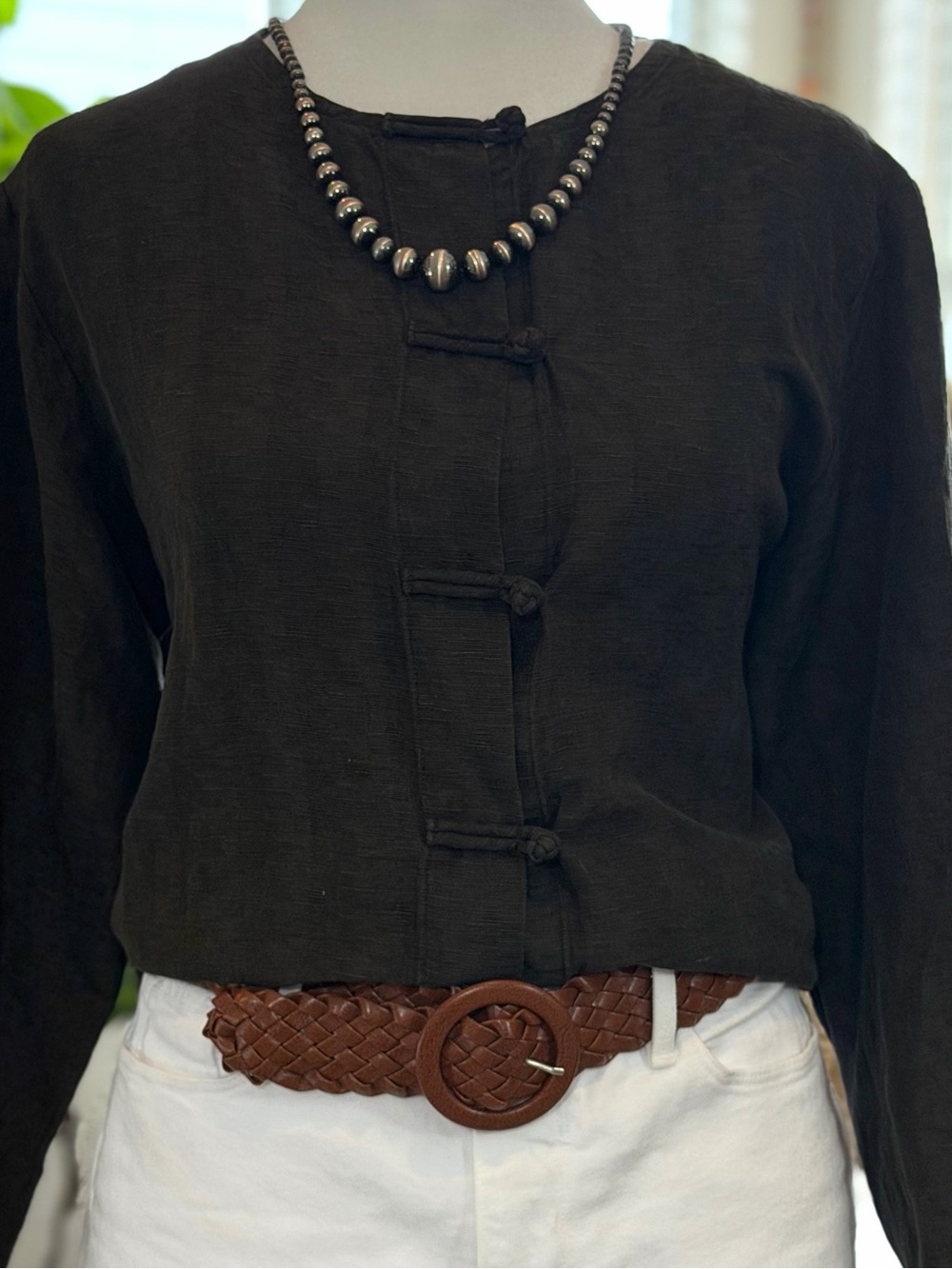 Eileen Fisher Top Silk & Linen Green Knot Button Kimono Shirt Blouse Women’s L